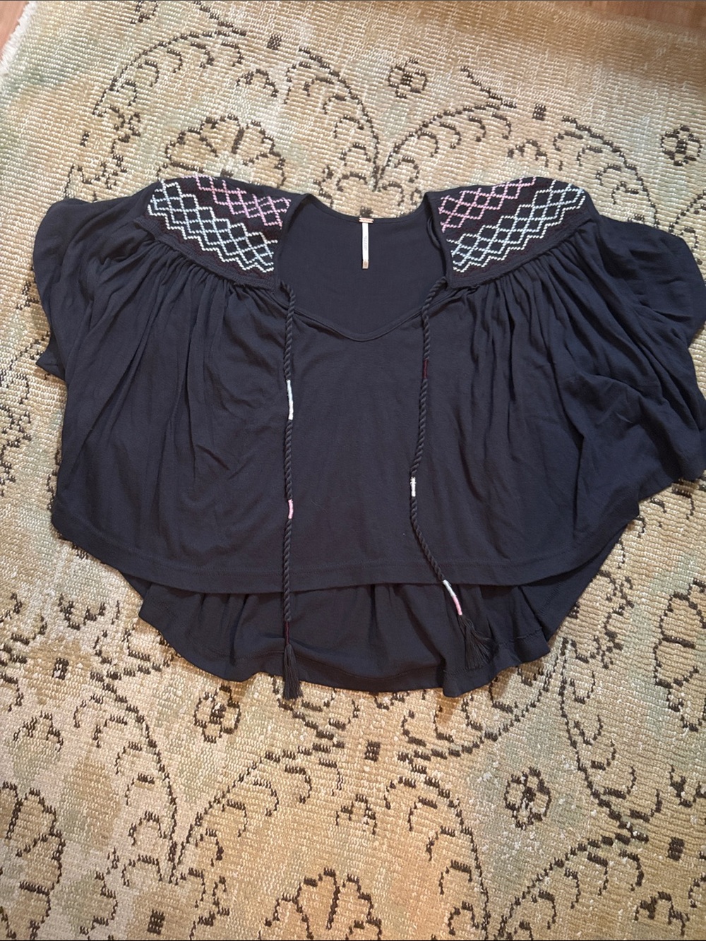 Free People Black Embroidered Boho Tunic with Pink Accents